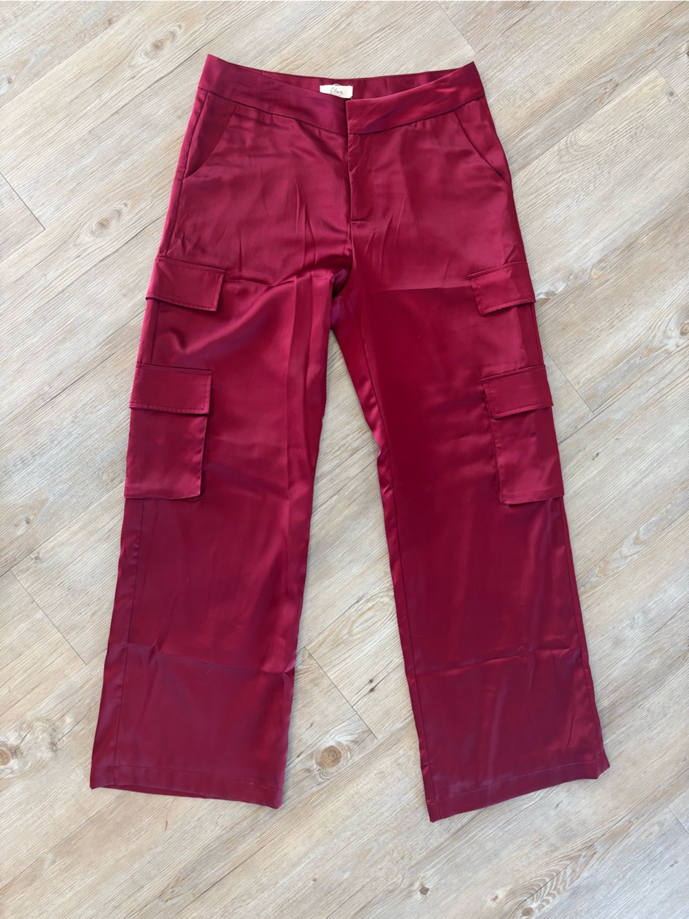 Elan Satin Wide-Leg Cargo Pants in Wine